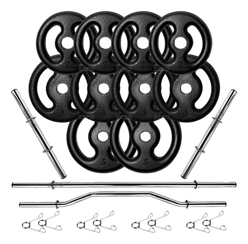 Kit 30kg Anilhas Ferro E Barras 40cm E 1,60m E Barra W 1,20m