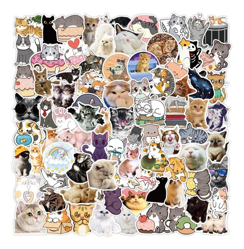 Gato Cute 50 Calcomanias Stickers Contra Agua Gatito Cat
