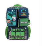 Mochila Chenson Original Premium Escolar Grande Minecraft Negra Creeper Reforzada 4 Bolsas Plegables Llavero Y Cangurera, Para Primaria Y Secundaria