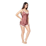 Pijamas Dama Satin Sexy Camiseta Y Shorts, Fino Encaje 1101