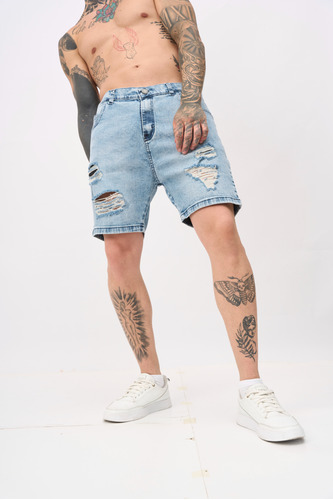 Bermuda De Jeans Hombre Semi Elastizada Con Roturas Zac Bond