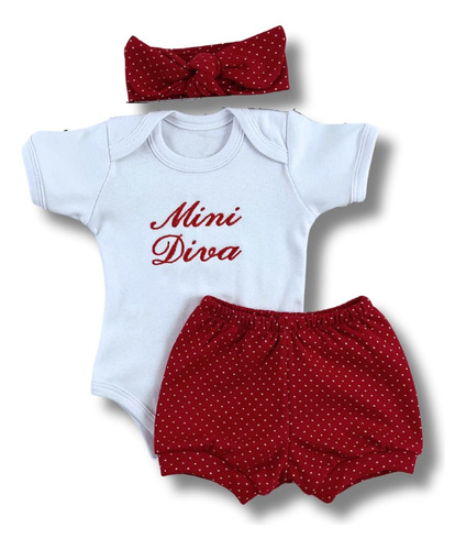 Conjunto Roupa Bebê Menina Body + Short + Faixa Mini Diva