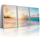 Quadro Decorativo Praia Mar Por Do Sol 180x90 Com Moldura