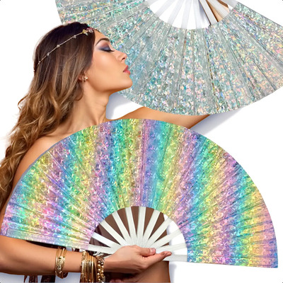 Abanico Tipo Pericón De Doble Vista Plástico Hule Holograma Metálico Multicolor Colores Arcoíris Plateado 62cm Grupo Carnavallia