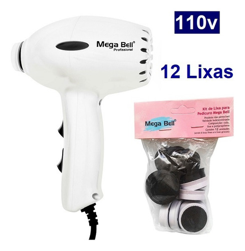 Pedicuro Compact Branco 110v Lixa Elétrica Esfoliador Pés + 12 Lixas Mega Bell