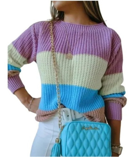 Blusa Feminina Tricô Tricot Listrada Colorida Moda Inverno