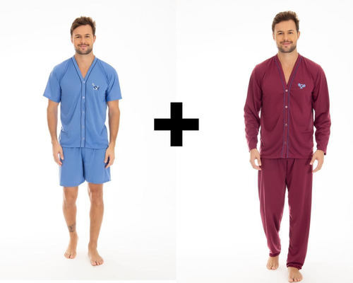 Kit 2 Pijamas Masculino Botões Abertos Pós Cirurgico Idoso