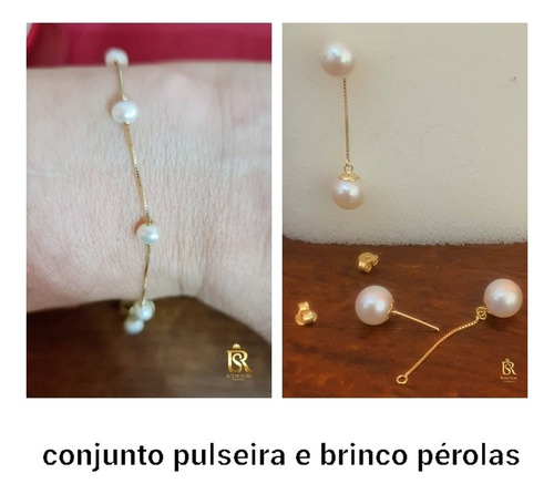 Pulseira De Pérolas Naturais De Ouro 18k Com Brinco-conjunto