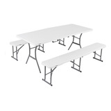 Conjunto Mesa + 2 Bancos Dobrável Portátil 180cm Vira Maleta