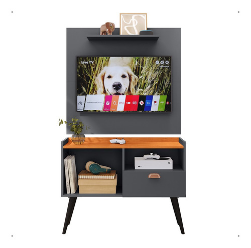 Kit Painel Tv 32  Simples Rack 1 Porta Puxador Concha Nicho