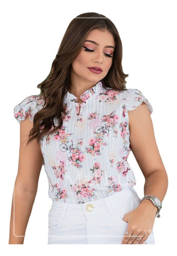 Blusa Estampa Floral E Bicicleta Em Crepe Sedinha - Marisa