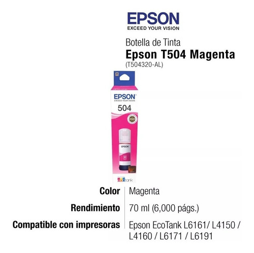 Botella Tinta Epson 504 Magent L4150 L4160 L6161 L6171 L6191