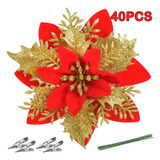 40 Flores Navideñas Con Purpurina Artificial, 14 Cm, Oro Roj