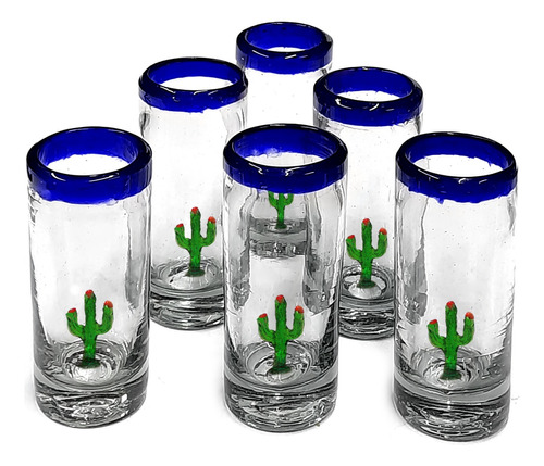 Set De 6 Shot Tequileros Cilíndricos Borde De Color Y Cactus