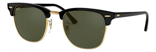 Óculos De Sol Ray-ban Clubmaster Classic Large Armação De Acetato Cor Polished Black, Lente Green De Cristal Clássica, Haste Polished Black De Acetato - Rb3016