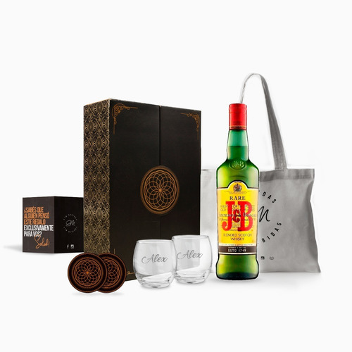 Box Whisky J&b 750ml Estuche Regalo Vasos Grabados Scotch 