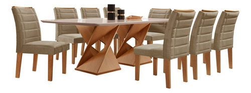 Conjunto Mesa De Jantar Genova Tampo Vidro E Mdf Com 8 Cadeiras Cel Móveis 8 Cor Cinamomo Off White Marrom Claro