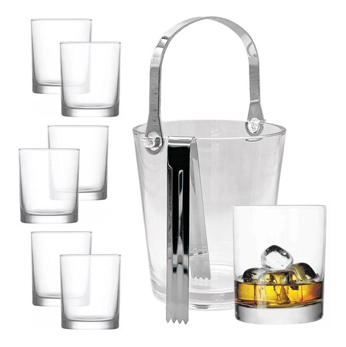 Set Whisky Licor Con 6 Vasos 230ml + Hielera Vidrio + Pinza 