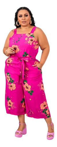 Macacão Jardineira Pantacourt Estampado Plus Size Feminino