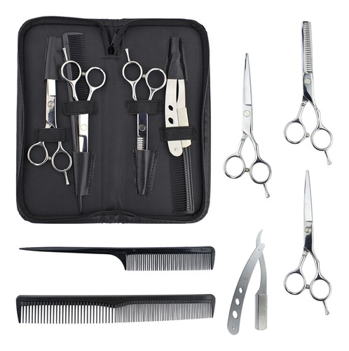 Kit Barbeiro Aço Inox Cabeleireiro Tesouras Navalha Pentes Cor Prateado