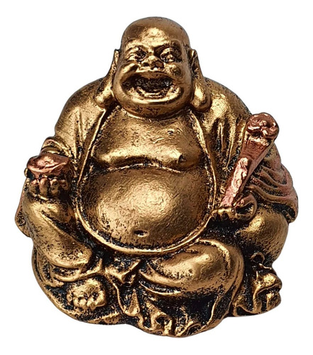 Buda Chines Sorridente Fortuna Riqueza Dourado Resina 5cm