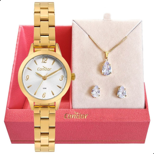 Relógio Feminino Condor Dourado Luxo Pequeno Colar Brincos