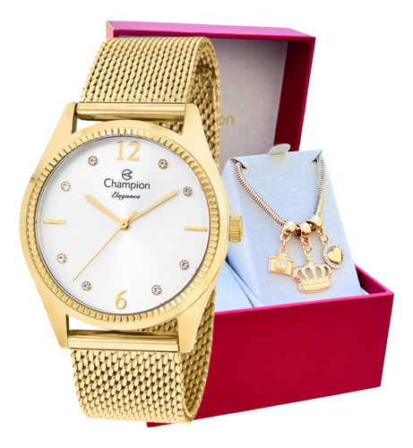 Relógio Feminino Dourado Original Champion Luxo + Pulseira 