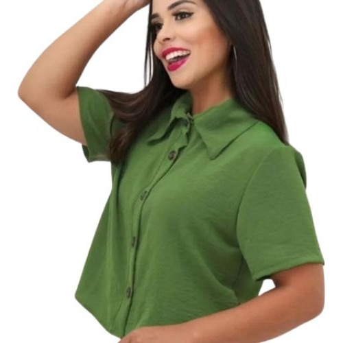 Camisa Social Cropped Botões Manga Curta Blusinha Feminina