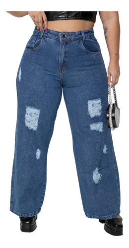 Calça Jeans Wide Leg Plus Size Rasgada Destroyed Barra Feita
