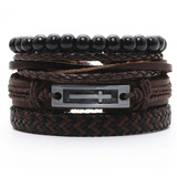 Pulsera Brazalete Manilla Cuero Negro Cruz Para Hombre Mujer