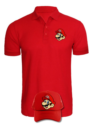 Camiseta Tipo Polo Mario Bros Cara Obsequio Gorra Serie Red