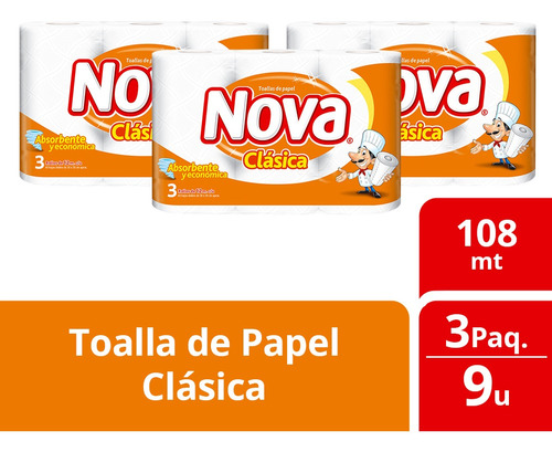 Pack 3 Toalla De Papel Nova Clásica 3 Un 12 Mt