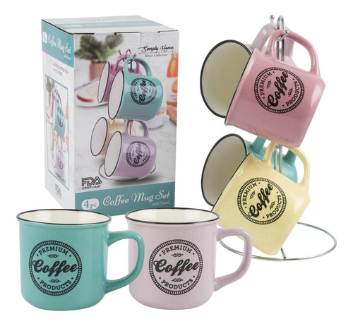 Juego De 4 Tazas De Cerámica Para Café Con Base 57164 Color Colores Surtidos