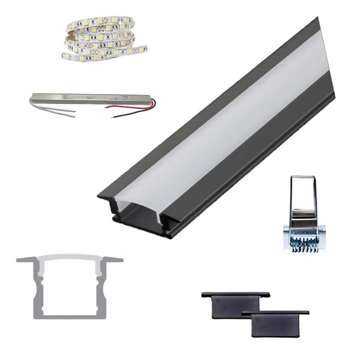 Perfil Embutir Slim 1,0 Metro, 2,5x1,4cm + Fita Led E Fonte