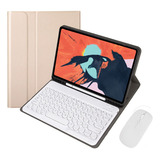Capa Para Tablet S7 Fe (12,4 Universal) Com Teclado E Mouse Cor Teclado Redondo Dourado Branco Mouse Bluetooth Recarregável Branco