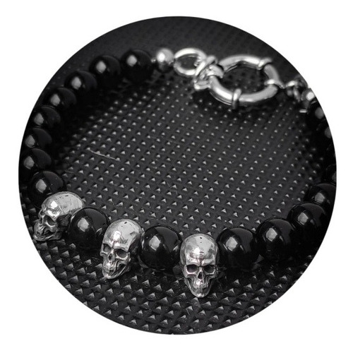 Pulsera Calaveras Onix Y 3 Calaveras De Plata 925 