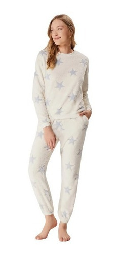 Pijama Feminino Longo Estampado Em Fleece Hering Off White