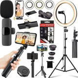 Kit Ring Light Luz Led Tripé Microfone Sem Fio Profissional