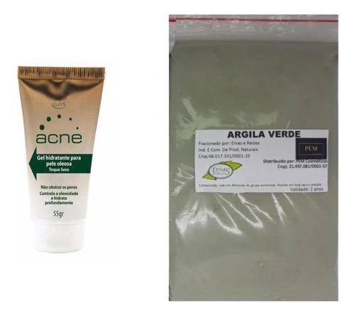 Argila Pura Verde 500g E Acne Gel Hidratante Anti Manchas Tipo De Pele Com Acne