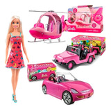 Combo Muñeca Barbie Con Helicoptero + Jeep + Auto Original