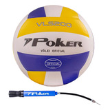 Bola Vôlei Poker Vls 200 + Bomba De Ar Branco E Amarelo Kit