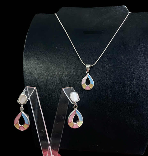 Conjunto Cadena Dije + Aros | Plata 925 Con Nácar Multicolor