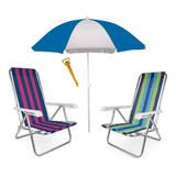 Kit 2 Cadeira Alum 4 Pos Reclinável + Saca Areia Guarda Sol