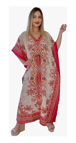 Vestido Kaftan Indiano Longo Estampado Plus Size - Cod. 208