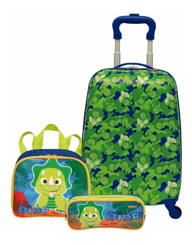 Kit Mochila Malinha Infantil Mala Escolar Dinossauro Rodinha