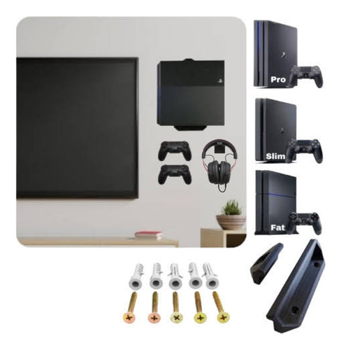 Kit Soporte Pared Ps4 Slim Fat Pro + Porta Auriculares