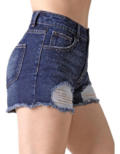 Short De Mezclilla Con Destruccion Y Pedreria A6315001a