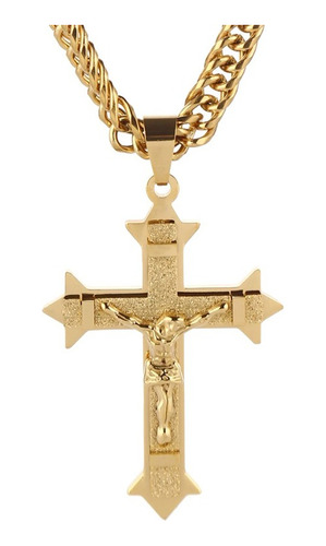 Collar Cadena Cruz Jesús Acero Inox 316l Chapado Oro Ip