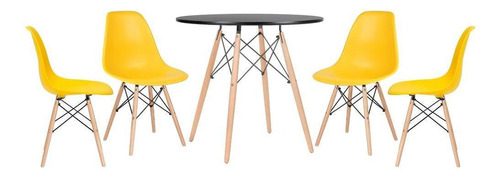 Kit Mesa Jantar Eames Wood 80 Cm 4 Cadeira Eiffel  Cores Cor Da Tampa Mesa Preto Com Cadeiras Amarelo