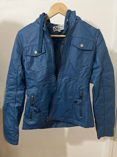 Campera Eco Cuero Azul Con Peluche Adentro + Capucha